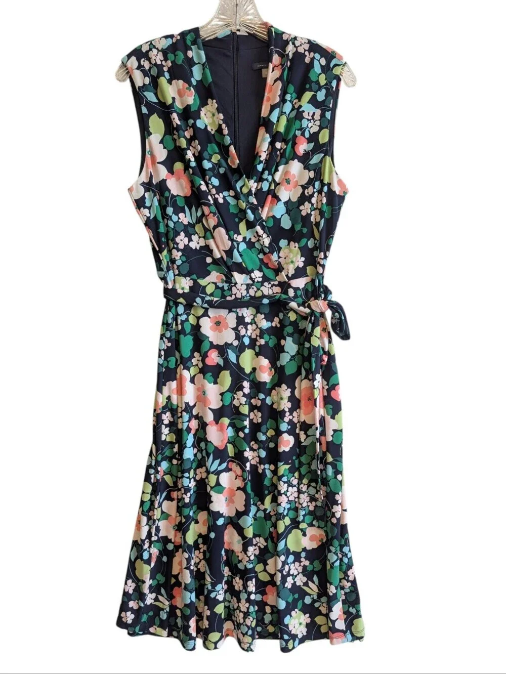 Tommy Hilfiger Blue Floral Aline Midi Dress Sleeveless Wrap Belt Summer Party